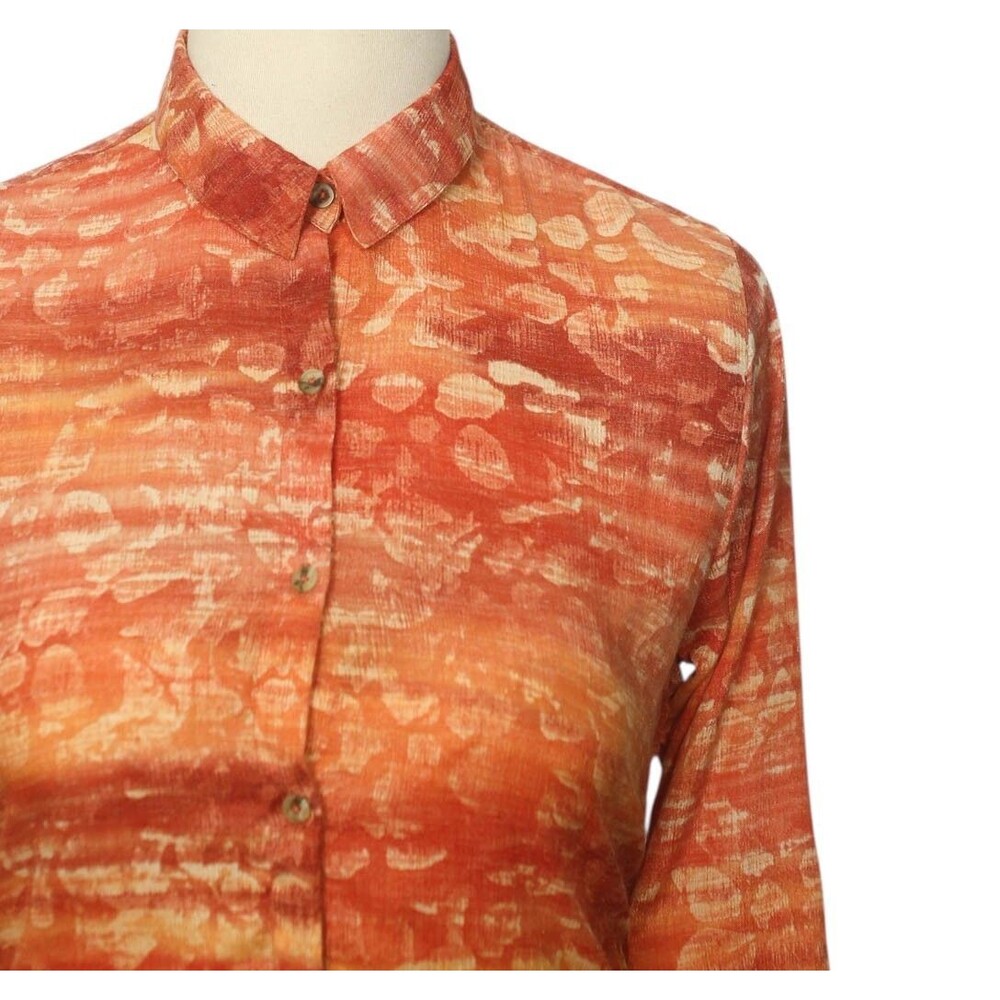 Womens Silky Chiffon Shirt Orange Floral Blouse Button Up Dressy Top Medium Work - Picture 4 of 7